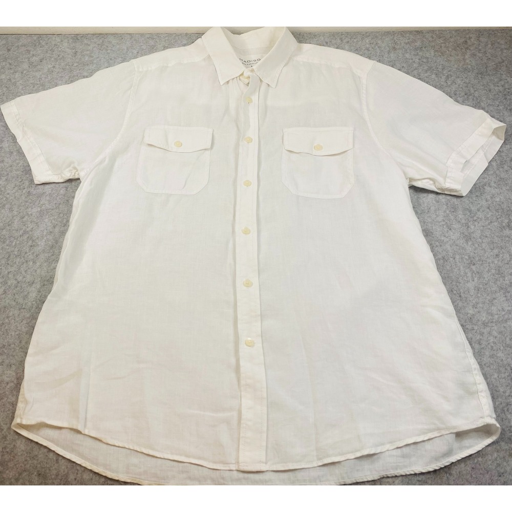 Madison Relaxed 100% Linen White Short Sleeve Button Down Men's Large Shirt